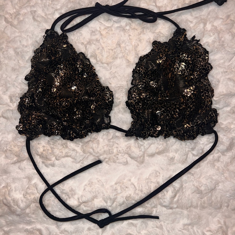 Sequin Black Halter Bikini Top